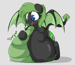 Size: 3000x2581 | Tagged: safe, artist:graphenescloset, part of a set, oc, oc only, oc:emilia 'emmy' emberseed, species:dracony, adorafatty, belly, cute, fat, hybrid, impossibly large belly, solo, stomach noise, stuffed, stuffed belly