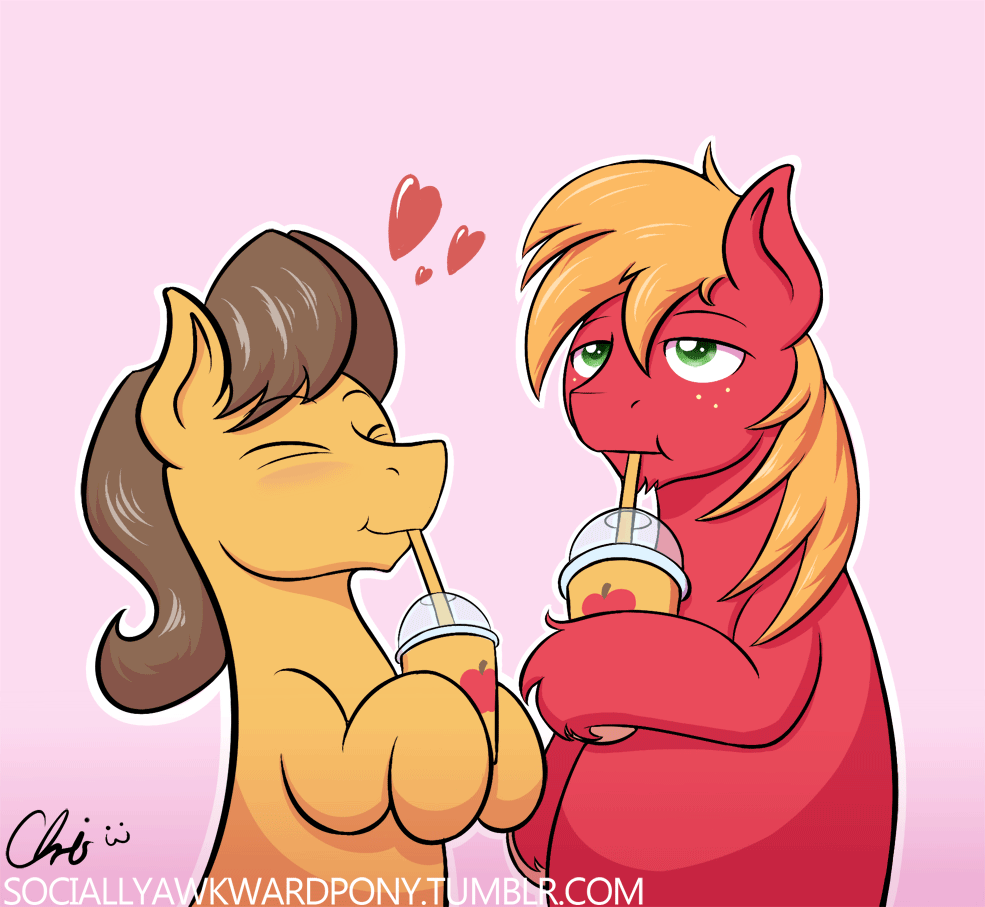 Size: 985x907 | Tagged: safe, artist:nekocrispy, character:big mcintosh, character:caramel, species:earth pony, species:pony, ship:caramac, :t, animated, bigger macintosh, blushing, chubby, chubby cheeks :3, cute, drinking, eyes closed, fat, gay, heart, hoof hold, male, shipping, simple background, smiling, smoothie, socially awkward pony, stallion