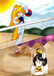 Size: 2149x3035 | Tagged: safe, artist:snow angel, oc, oc only, oc:morikawa saki, oc:snow angel, species:anthro, species:earth pony, species:pegasus, species:pony, ambiguous facial structure, beach volleyball, bell, bell collar, blue swimsuit, bow, bow swimsuit, clothing, collar, digital art, female, food, halo, heterochromia, ice cream, orange swimsuit, pixiv, red eyes, swimsuit, yellow eyes