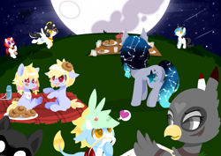 Size: 1201x850 | Tagged: safe, artist:snow angel, oc, oc only, oc:black ink, oc:snow angel, oc:starry, species:griffon, bell, bell collar, collar, cookie, digital art, heterochromia, interspecies offspring, mare in the moon, mid-autumn festival, moon, mooncake, picnic, pixiv