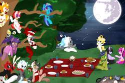 Size: 2000x1333 | Tagged: safe, artist:snow angel, oc, oc only, oc:black ink, oc:love, oc:miss bat, cookie, dango, deadpool, grill, mare in the moon, mid-autumn festival, mochi, moon, mooncake, picnic, pixiv, ponified