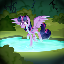 Size: 2000x2000 | Tagged: safe, artist:notenoughapples, character:twilight sparkle, character:twilight sparkle (alicorn), species:alicorn, species:pony, female, lake, mare, solo, spread wings, tongue out, water, wings