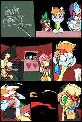 Size: 781x1156 | Tagged: safe, artist:metal-kitty, character:applejack, character:fluttershy, character:rainbow dash, character:rarity, character:spike, species:pony, comic:expiration date, abuse, bipedal, blood, comic, crossover, dashabuse, demo jack, demoman, expiration date, grimdark series, hay fries, implied blood, mane dye, musical instrument, piano, pyro, rainbow blood, rainbow scout, rarispy, saxophone, scene interpretation, scout, slap, sniper, snipershy, spike pyro, spy, suggestive series, team fortress 2, wine