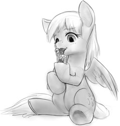 Size: 932x973 | Tagged: safe, artist:alloyrabbit, character:derpy hooves, species:human, species:pony, giant pony, human ponidox, humanized, licking, macro, monochrome, ponidox, sitting, sketch, spread wings, underhoof, wings