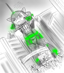 Size: 743x850 | Tagged: safe, artist:alloyrabbit, oc, oc only, oc:p.o.n.e., oc:ultramare, species:pony, annoyed, bored, building, city, cityscape, cosplay, crowd, eva unit 01, giant pony, karaoke, macro, mech suit, neon genesis evangelion, stage, thousand yard stare