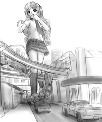 Size: 1103x1328 | Tagged: safe, artist:alloyrabbit, character:sweetie belle, species:human, bus, car, city, destruction, female, giantess, grayscale, humanized, macro, monochrome, solo, train, wavy mouth, worried