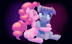 Size: 1920x1179 | Tagged: safe, artist:gsphere, character:maud pie, character:pinkie pie, species:earth pony, species:pony, blushing, clothing, cute, diapinkes, embarrassed, eyes closed, female, hug, mare, maudabetes, nose wrinkle, scrunchy face, sisters, smiling, when she smiles