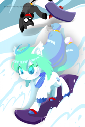 Size: 500x745 | Tagged: safe, artist:snow angel, oc, oc only, oc:black ink, species:pony, clothing, duo, female, mare, ponified, scarf, snow, snowboard, unshorn fetlocks, windswept mane, winter