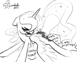 Size: 1280x1022 | Tagged: safe, artist:darkflame75, character:princess luna, lunadoodle, angry, blushing, cute, dialogue, eyes closed, female, monochrome, open mouth, sketch, solo, spread wings, teasing, wavy mouth, wings