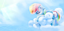 Size: 3924x1928 | Tagged: safe, artist:gsphere, character:rainbow dash, species:pegasus, species:pony, cloud, cloudy, cute, dashabetes, eyes closed, featured on derpibooru, female, floppy ears, profile, prone, sleeping, smiling, solo