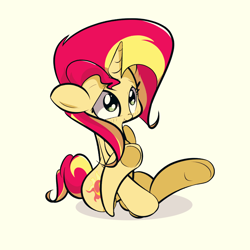 Size: 2000x2000 | Tagged: safe, artist:turtlefarminguy, character:sunset shimmer, species:pony, species:unicorn, :t, blushing, cute, female, simple background, sitting, smiling, solo, underhoof, white background