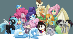 Size: 1920x1080 | Tagged: safe, artist:dstears, character:applejack, character:fluttershy, character:pinkie pie, character:pound cake, character:princess luna, character:pumpkin cake, character:rarity, character:sweetie belle, character:trixie, oc, oc:egophiliac, oc:imogen, oc:sunshine smiles (egophiliac), ponysona, species:bat pony, species:changeling, species:human, species:pony, moonstuck, artist, cartographer's cap, changeling oc, clothing, egophiliac, eyepatch, filly, frown, hat, heart, holding a pony, humanized, inconvenient trixie, mouth hold, open mouth, robot, slice of pony life, smiling, steampunk, steamquestria, tribute, wallpaper, wide eyes, woona