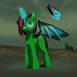 Size: 5000x5000 | Tagged: safe, artist:captainhoers, oc, oc only, species:pony, species:unicorn, fallout equestria, absurd resolution, artificial wings, augmented, biohacking, commission, cyborg, gun, implants, magic, telekinesis, wasteland, wings