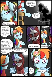 Size: 781x1156 | Tagged: safe, artist:metal-kitty, character:rainbow dash, character:rarity, comic:expiration date, comic, crossover, dialogue, drink, expiration date, fail, glasses, goggles, grimdark series, rainbow dash is best facemaker, rainbow scout, rarispy, suggestive series, team fortress 2