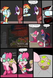 Size: 781x1156 | Tagged: safe, artist:metal-kitty, character:pinkie pie, character:rainbow dash, character:rarity, character:twilight sparkle, character:twilight sparkle (alicorn), species:alicorn, species:pony, comic:expiration date, bread monster, comic, crossover, engie pie, engineer, expiration date, female, grimdark series, laboratory, mare, medic, muffin, rainbow scout, rarispy, scout, self-aware beauty mark, spy, suggestive series, team fortress 2, twi medic
