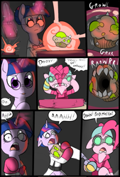 Size: 781x1156 | Tagged: safe, artist:metal-kitty, character:pinkie pie, character:twilight sparkle, character:twilight sparkle (alicorn), species:alicorn, species:pony, comic:expiration date, bread monster, comic, crossover, engie pie, engineer, expiration date, female, grimdark series, mare, medic, muffin, suggestive series, team fortress 2, teleporter, twi medic