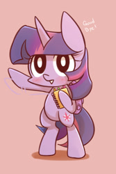 Size: 800x1200 | Tagged: safe, artist:joycall6, character:twilight sparkle, species:pony, backpack, bipedal, blushing, female, looking at you, notebook, raised hoof, semi-anthro, simple background, solo, waving