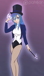 Size: 743x1280 | Tagged: safe, artist:scorpdk, character:princess luna, species:human, beautiful, beautiful eyes, beautiful hair, blue eyes, blue hair, bow, bow tie, clothing, cosplay, cute, female, hat, humanized, legs, looking at you, lunabetes, magic wand, magician, magician outfit, open mouth, pantyhose, solo, top hat, tuxedo, woman, zatanna