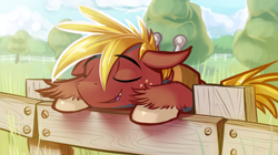 Size: 2625x1465 | Tagged: safe, artist:gsphere, character:big mcintosh, species:earth pony, species:pony, cute, fence, happy, macabetes, male, sleeping macintosh daily, solo, stallion