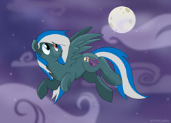 Size: 800x577 | Tagged: safe, artist:spainfischer, oc, oc only, species:pegasus, species:pony, flying, full moon, heterochromia, moon, night, solo