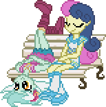 Size: 154x156 | Tagged: safe, artist:botchan-mlp, character:bon bon, character:lyra heartstrings, character:sweetie drops, desktop ponies, my little pony:equestria girls, adorabon, animated, bench, blinking, cute, duo, eyes closed, female, legs in air, lyrabetes, pixel art, simple background, sitting, sitting lyra, smiling, sprite, transparent background, upside down