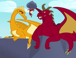 Size: 1024x790 | Tagged: safe, alternate version, artist:queencold, character:garble, oc, oc:caldera, oc:maximus, species:dragon, dragon oc, dragoness, father, father and son, female, lifting, male, milestone, mother, mother and son, parent, prone, pun, rock, teenaged dragon, trio