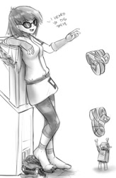 Size: 792x1209 | Tagged: safe, artist:alloyrabbit, character:dj pon-3, character:vinyl scratch, my little pony:equestria girls, building, car, clothing, destruction, feet, female, foot fetish, giantess, macro, monochrome, robot, shoes, sneakers, sneakers fetish