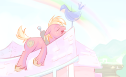Size: 1280x791 | Tagged: safe, artist:gsphere, character:big mcintosh, species:earth pony, species:pony, cute, eyes closed, macabetes, male, open mouth, rainbow, roof, rooftop, sleeping, sleeping macintosh daily, solo, stallion, tumblr