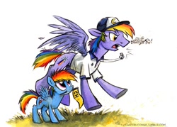 Size: 796x570 | Tagged: safe, artist:kenket, artist:spainfischer, character:rainbow blaze, character:rainbow dash, canterlot high, canterlot high blog, censored vulgarity, clothing, cute, dashabetes, father and daughter, flag, grawlixes, hat, mouth hold, vulgar, whistle