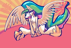 Size: 1280x868 | Tagged: safe, artist:alumx, character:princess celestia, bedroom eyes, chest fluff, covering, female, grin, sitting, solo, sunburst background
