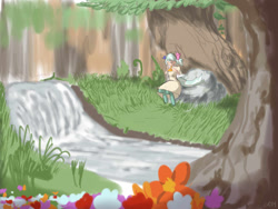 Size: 1200x900 | Tagged: safe, artist:moronsonofboron, oc, oc only, oc:hope, parent:lyra heartstrings, satyr, clothing, dress, eyes closed, flower, forest, musical instrument, ocarina, river, rock, scenery, sitting, solo, sundress, tree