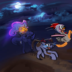 Size: 1280x1280 | Tagged: safe, artist:alumx, character:pinkie pie, character:pipsqueak, character:princess luna, species:pony, bipedal, chicken suit, clothing, crying, halloween, jack-o-lantern, moon, night, nightmare night, running, scared, zombie