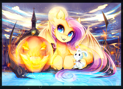 Size: 3858x2802 | Tagged: safe, artist:koveliana, character:angel bunny, character:flutterbat, character:fluttershy, species:bat pony, species:pony, beautiful, chromatic aberration, color porn, fangs, featured on derpibooru, grin, high res, jack-o-lantern, lipstick, looking at you, nightmare night, photoshop, prone, pumpkin, smiling, spread wings, water, wings