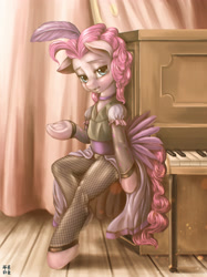 Size: 2238x2991 | Tagged: safe, artist:mrs1989, character:pinkie pie, bipedal leaning, clothing, costume, female, fishnets, piano, saloon dress, saloon pinkie, semi-anthro, solo
