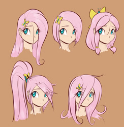 Size: 1251x1280 | Tagged: safe, artist:scorpdk, character:fluttershy, species:human, alternate hairstyle, bust, butterfly, cute, eye clipping through hair, female, humanized, looking at you, messy mane, ponytail, portrait, short hair, shyabetes, smiling, solo