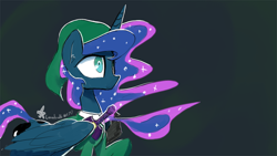 Size: 1400x788 | Tagged: safe, artist:darkflame75, character:princess luna, lunadoodle, clothing, cosplay, crossover, female, hat, link, master sword, raised hoof, shield, smiling, solo, sword, the legend of zelda, tunic, weapon