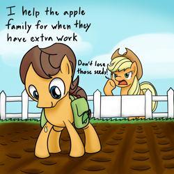 Size: 1200x1200 | Tagged: safe, artist:nekocrispy, character:applejack, character:caramel, caramel is awesome, caramel lost the grass seeds