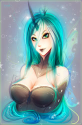 Size: 1070x1632 | Tagged: safe, artist:koveliana, character:queen chrysalis, species:human, breasts, chromatic aberration, cleavage, color porn, female, humanized, solo, winged humanization