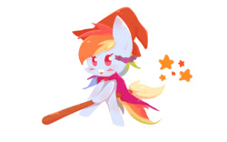 Size: 702x437 | Tagged: safe, artist:joycall6, character:rainbow dash, blushing, broom, cape, clothing, costume, female, flying, flying broomstick, happy, hat, simple background, smiling, solo, stars, white background, witch hat