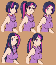 Size: 1119x1280 | Tagged: safe, artist:scorpdk, character:twilight sparkle, species:human, :o, alternate hairstyle, breasts, busty twilight sparkle, choker, clothing, female, humanized, long hair, looking at you, pigtails, ponytail, short hair, sleeveless turtleneck, sweater, turtleneck