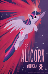 Size: 538x826 | Tagged: safe, artist:spainfischer, character:twilight sparkle, character:twilight sparkle (alicorn), species:alicorn, species:pony, female, flying, mare, motivational, positive message, poster, simple background