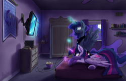 Size: 3000x1941 | Tagged: safe, artist:darkflame75, character:princess luna, character:twilight sparkle, character:twilight sparkle (alicorn), species:alicorn, species:pony, gamer luna, g4, bed, chips, controller, duo, equestrian flag, female, full moon, gaming, glowing horn, horn, lying down, magic, magic aura, mare, moon, night, playing, profile, prone, sitting, smiling, snacks, spread wings, telekinesis, television, underhoof, video game, wings
