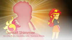 Size: 1920x1080 | Tagged: safe, artist:millennial dan, artist:pinkiespartygirl, artist:theshadowstone, edit, character:sunset shimmer, equestria girls:rainbow rocks, g4, my little pony: equestria girls, my little pony:equestria girls, cutie mark, eyes closed, female, glow, outline, ponied up, pose, solo, vector, wallpaper, wallpaper edit, zoom layer