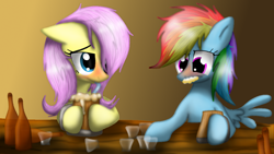 Size: 1024x576 | Tagged: safe, artist:lupiarts, character:fluttershy, character:rainbow dash, alcohol, drunk, drunker dash, drunkershy