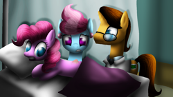 Size: 1024x576 | Tagged: safe, artist:lupiarts, character:cup cake, character:doctor horse, character:doctor stable, character:pinkie pie, species:earth pony, species:pony, species:unicorn, female, hernia, male, mare, pillow, stallion