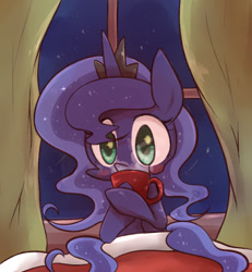 Size: 1200x1300 | Tagged: safe, artist:joycall6, character:princess luna, bed, coffee, cup, drink, female, solo