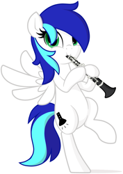 Size: 1803x2541 | Tagged: safe, artist:furrgroup, oc, oc only, oc:aurora rider, species:pony, bipedal, clarinet, looking at you, musical instrument, simple background, solo, spread wings, white background, wings