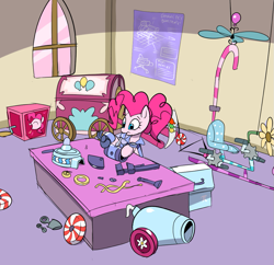 Size: 907x877 | Tagged: safe, artist:metal-kitty, character:pinkie pie, blueprint, crossover, engie pie, engineer, engineering, flying contraption, helicopter, mouth hold, party cannon, pedalcopter, pi, pinkiecopter, screwdriver, team fortress 2, tools