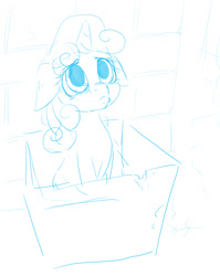 Size: 1000x1257 | Tagged: safe, artist:mrs1989, character:sweetie belle, species:pony, box, crying, cute, diasweetes, doodle, female, floppy ears, monochrome, pony in a box, pouting, sad, solo