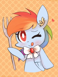 Size: 750x1000 | Tagged: safe, artist:joycall6, character:rainbow dash, bow tie, ear fluff, female, fork, heart, solo, tongue out, wink